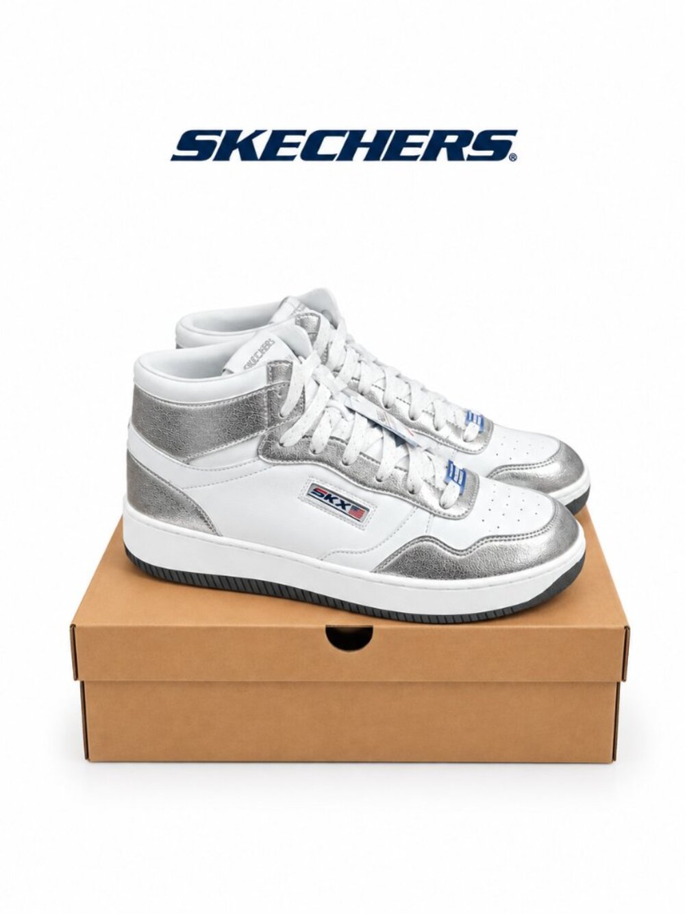 Skechers Court & Classics High Top Sneakers White Silver Metallic SKX Womens 10